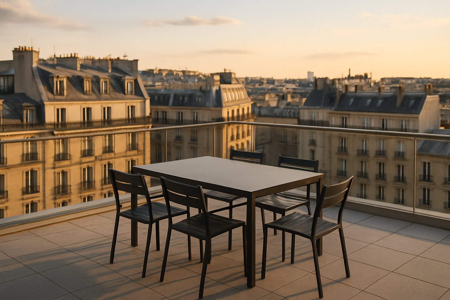 Vue depuis la terrasse d’un penthouse au dernier étage, en ville, lumière naturelle, garde-corps en verre