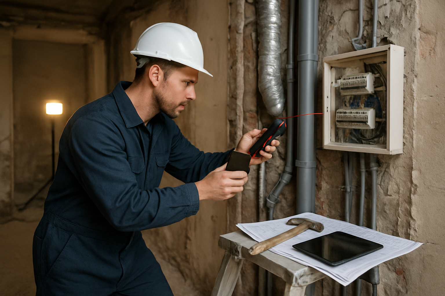 Technicien réalisant des relevés terrain pour un plan de récolement dans un local technique