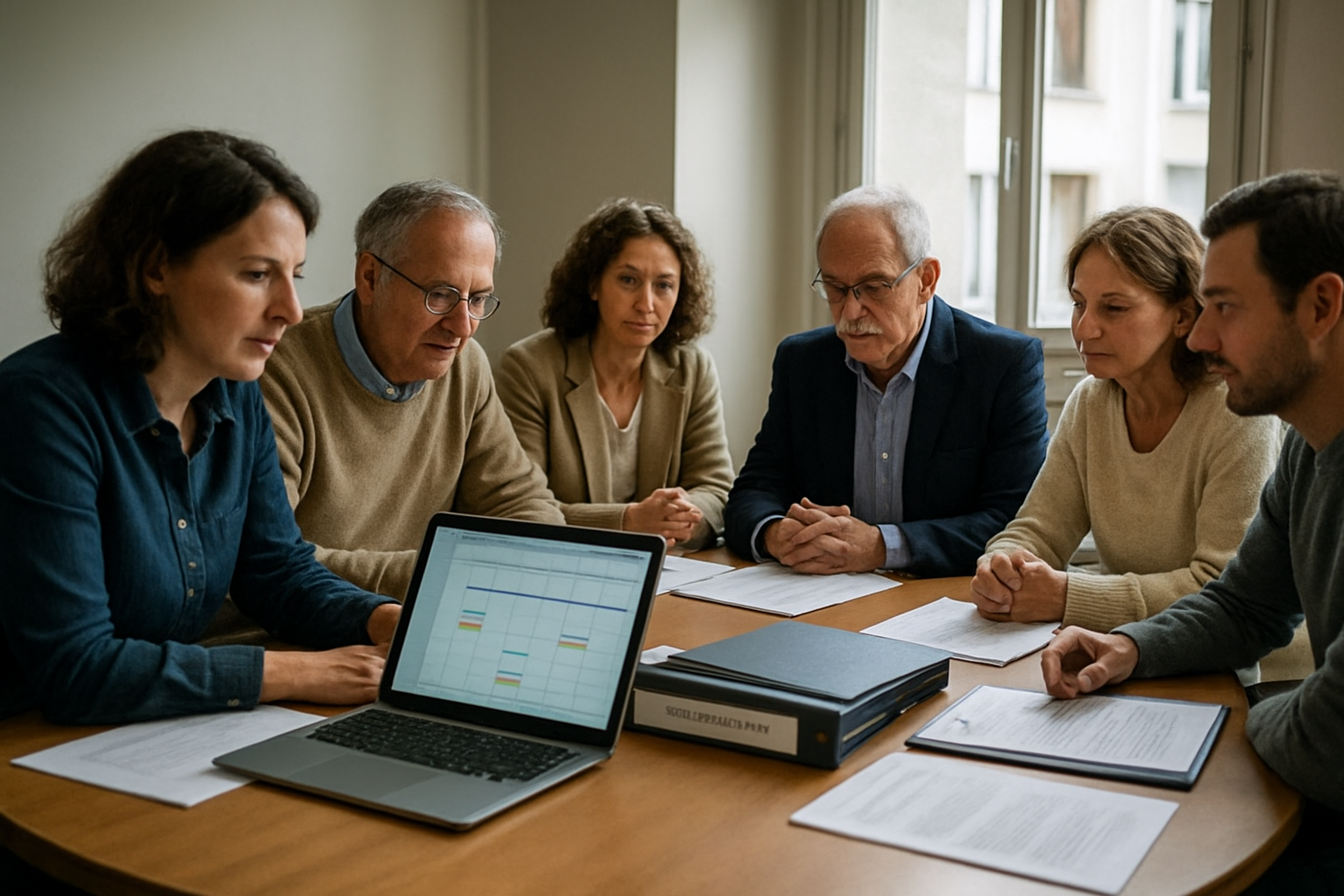 Réunion de copropriété autour d’un dossier PPPT avec diagnostics et calendrier de travaux