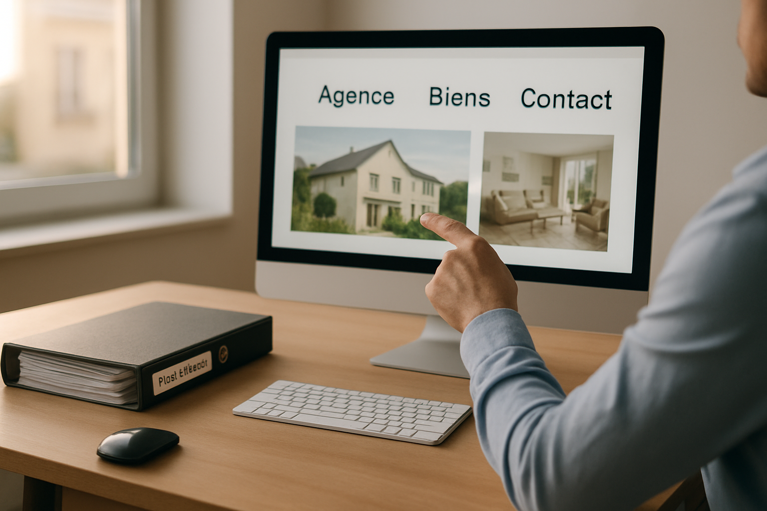 Conseil à un propriétaire devant un ordinateur, page d’agence immobilière « Terre d’immo » ouverte sur un écran