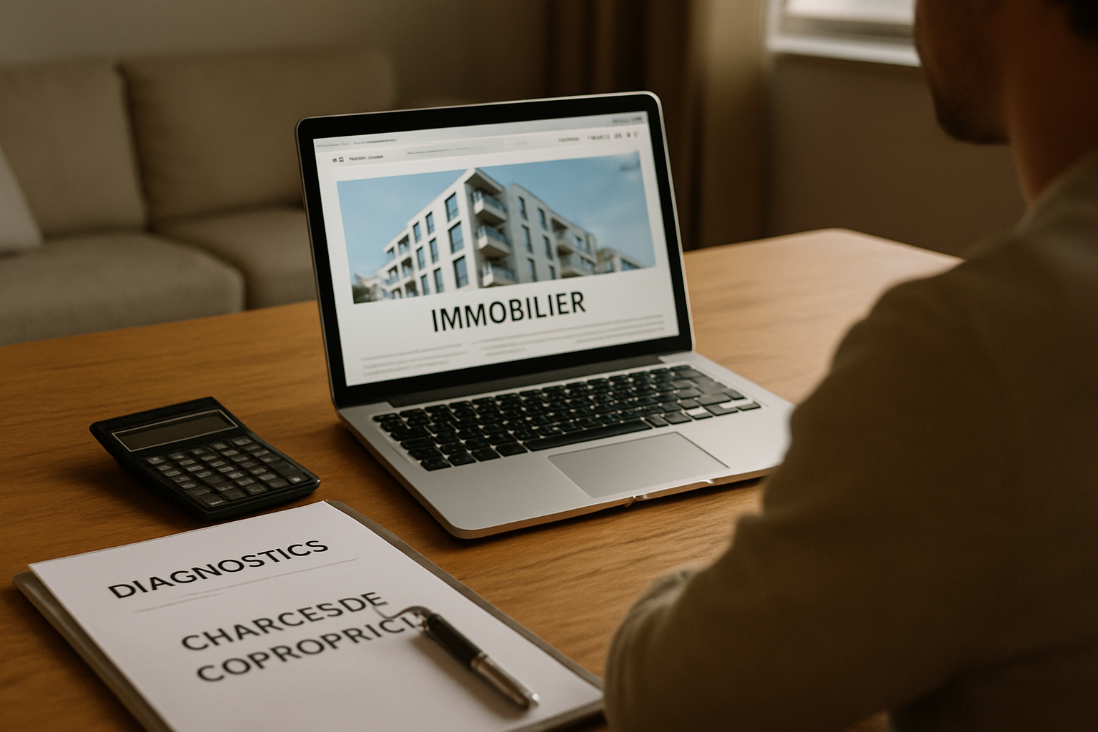 Lecture sur ordinateur d’actualités immobilières sur actu-immobilier.net, documents et calculatrice sur une table en France
