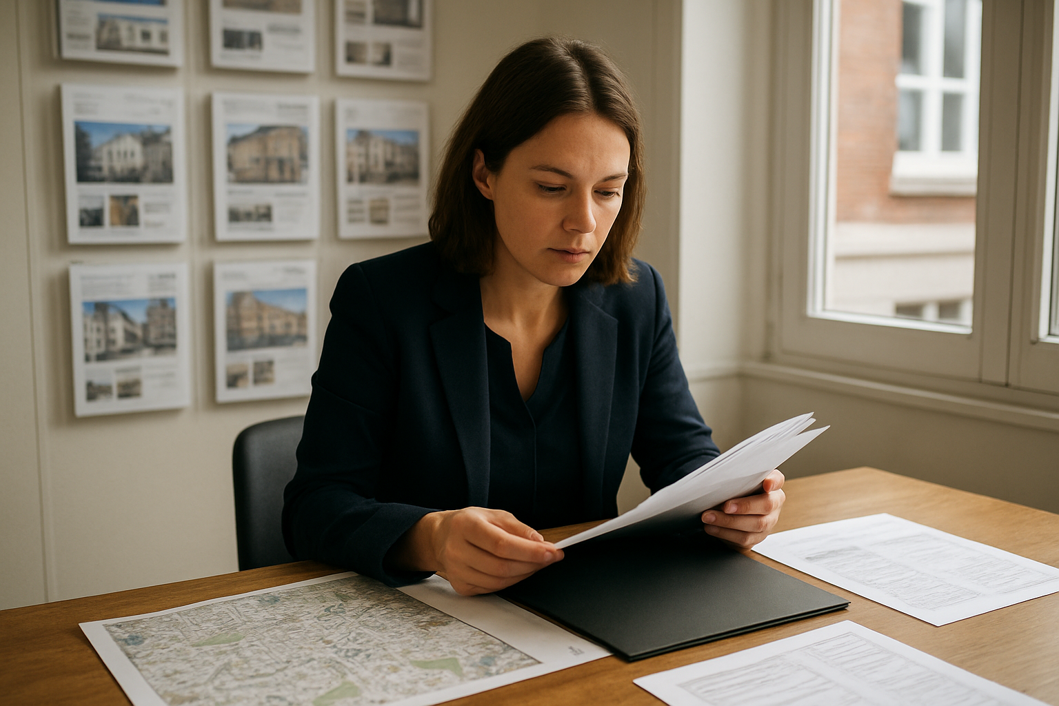 Conseiller immobilier à Lille consultant des dossiers de vente et des diagnostics sur un bureau près d’un plan de quartier