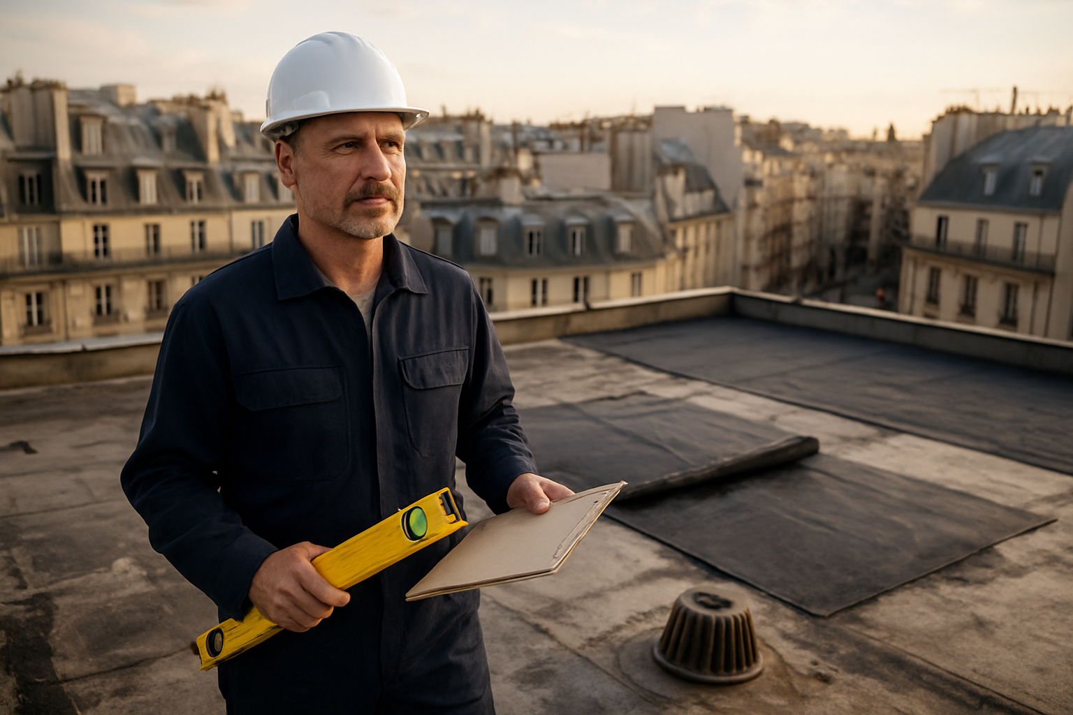 Toit-terrasse à Paris avec relevés et évacuations, contrôle avant pose d’une membrane d’étanchéité