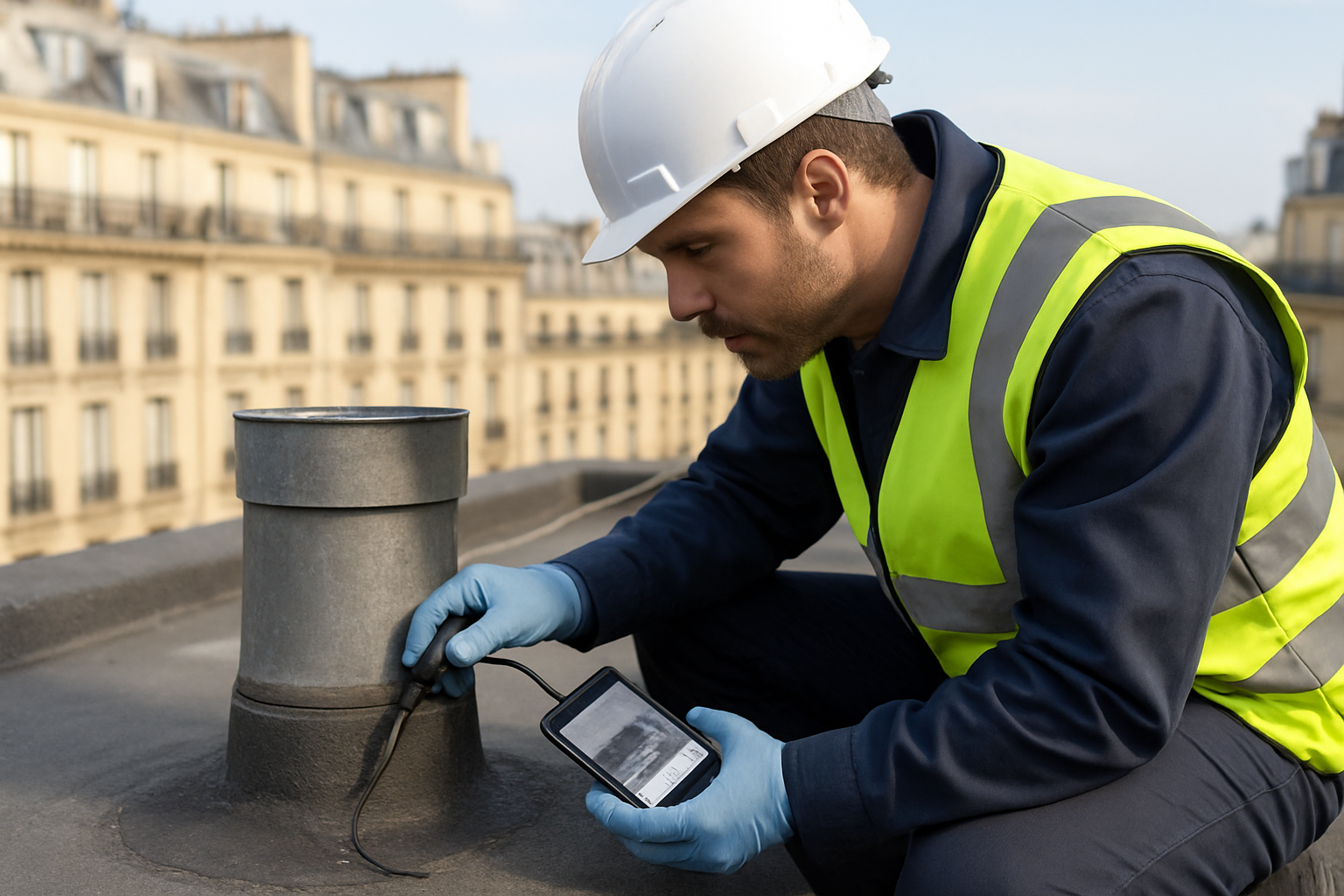 Contrôle d’un raccord et d’une pénétration sur toit-terrasse à Paris avant pose d’étanchéité